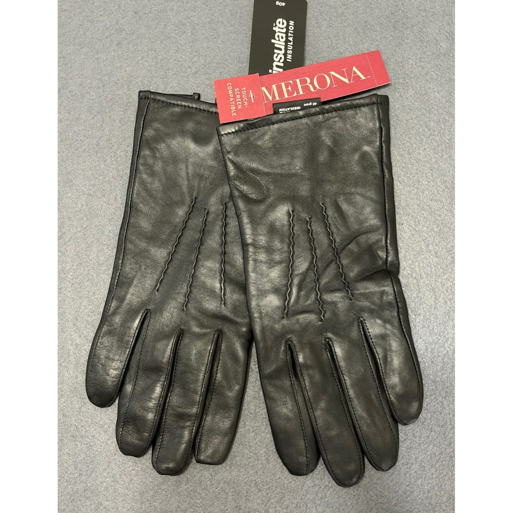 Merona Mens sz M Black Sheep Leather Gloves Thinsulate Touchscreen Compatible